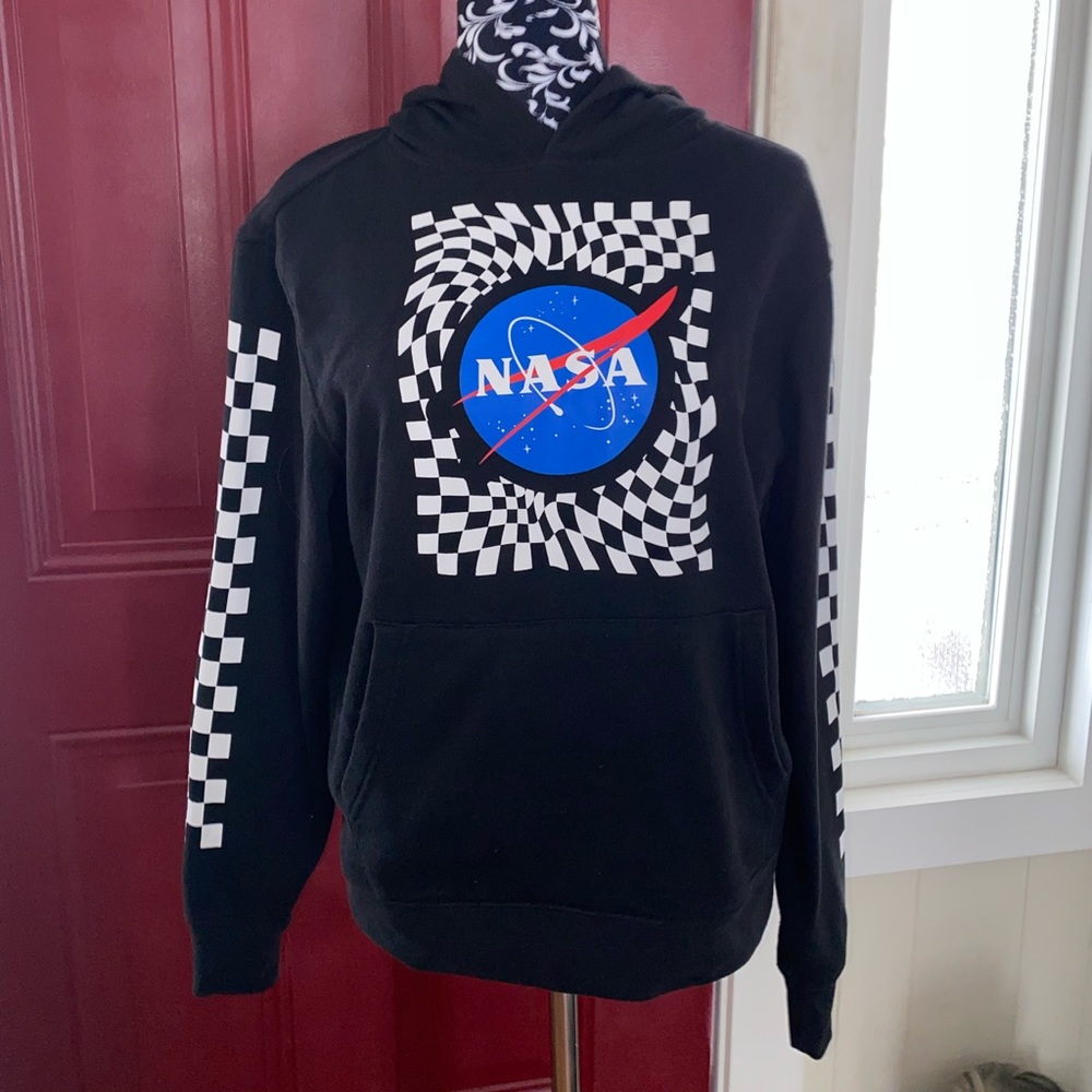 MAD Engine NASA Warped Check Hoodie Checkered Sleeves Classic Sweatshirt XS